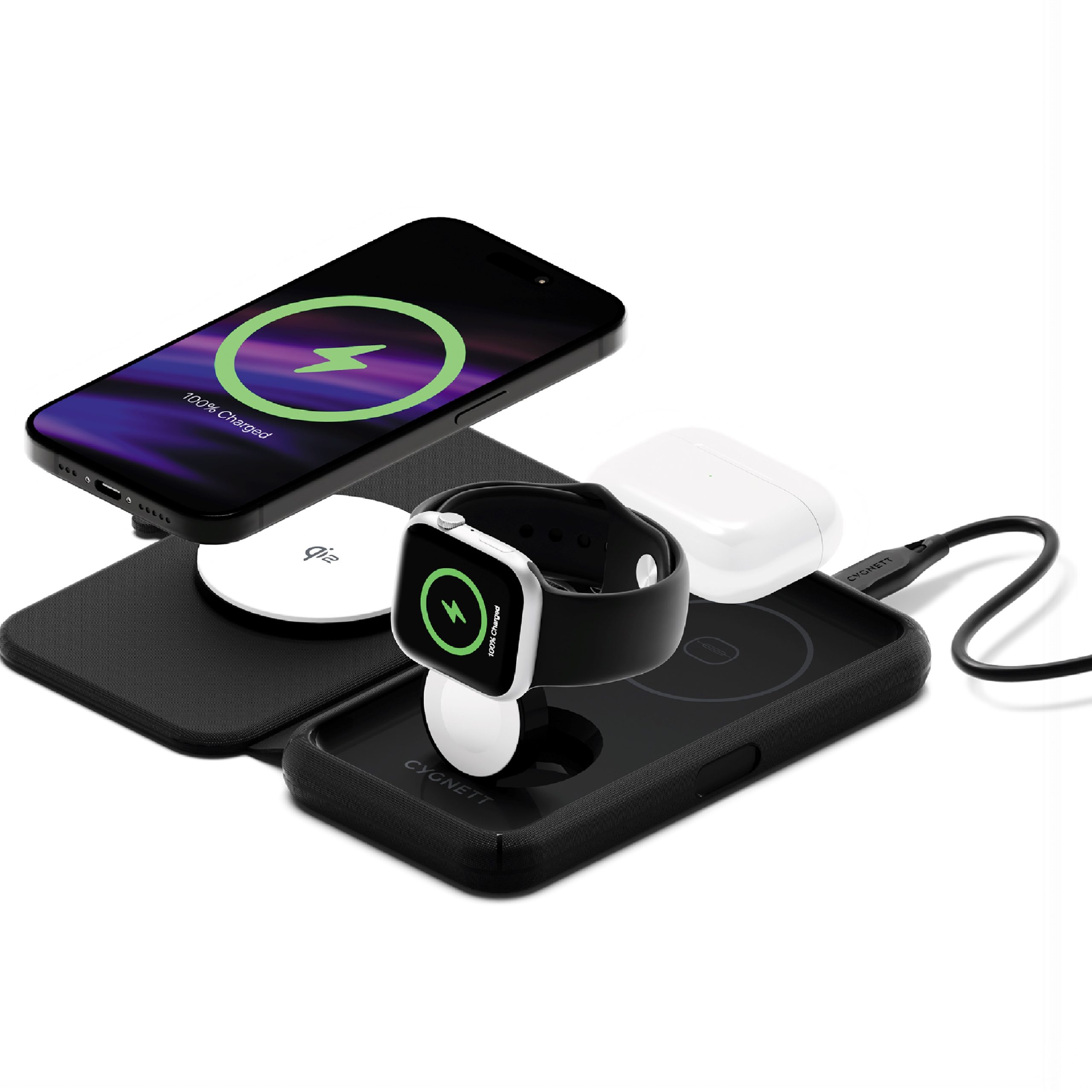 EOL Cygnett MagTravel Qi2.0 2-in-1 Wireless Charger - Black (CY5138WIRDE), 1.2M USB-C Cable,15W, Compact and lightweight, 2 Years Warranty