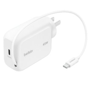 Belkin UltraCharge Retractable 45W USB-C GaN Wall Charger - White(WCH023auWH),1x USB-C, 1x Retractable USB-C Cable,$2500 CEW, 2 Years Warranty