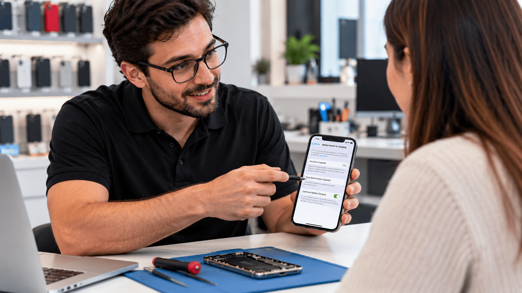 Phone repair technician explaining battery health and replacement options to a customer in Melbourne