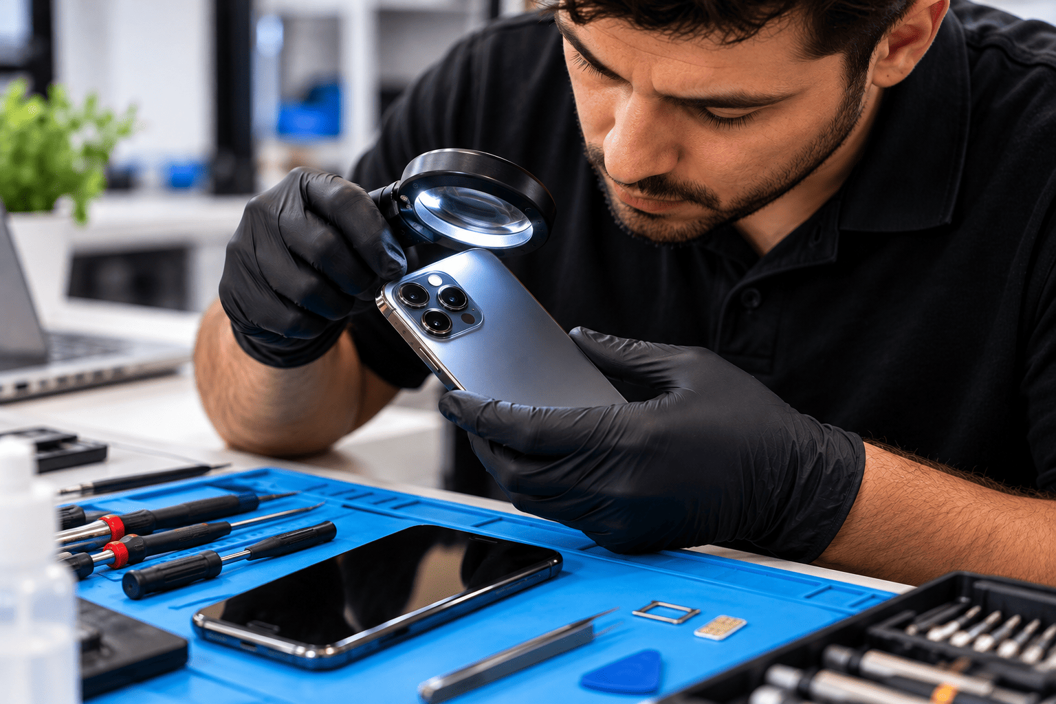 Technician inspecting a smartphone camera with a magnifying glass at a repair workstation in Melbourne