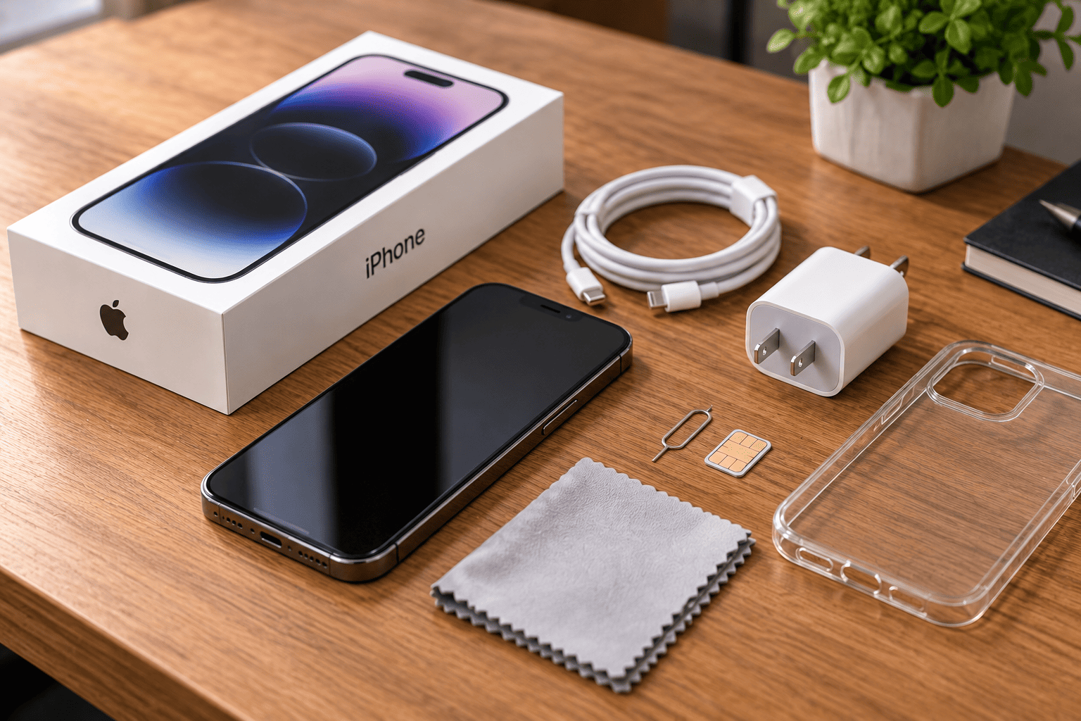 Smartphone with its original box, charging cable, adapter, SIM tool and protective case arranged on a wooden desk in Melbourne